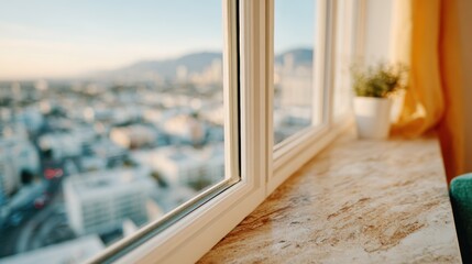 Fototapeta premium A picturesque view of a bustling city from a cozy window ledge, capturing the essence of urban life and the beauty of transitioning from indoors to outdoors.