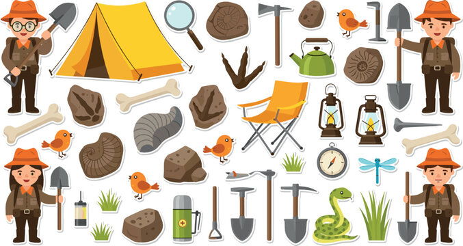 Archaeology tools and excavation vector set with tent, fossils, pickaxe, shovel and explorer cartoon illustration