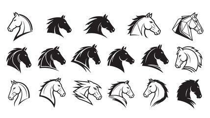 Horse heads silhouette collection with various graphic styles including modern and abstract designs featuring horses, head, logo with icon and animal © Devid 