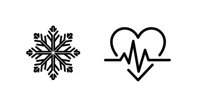 Icy spark snowflake and gentle pulse heartbeat icons for winter and health with health check