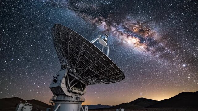 Massive radio telescope under starry night sky. Large satellite dish observing galaxy. Deep space exploration with astronomical observatory. Science research station.