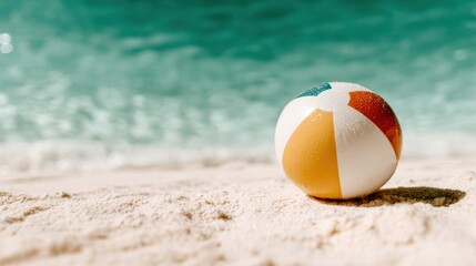 Obraz premium A vibrant beach ball rests on a sandy shoreline, with gentle waves lapping in the background, perfectly capturing the essence of summer fun and relaxation by the beach.