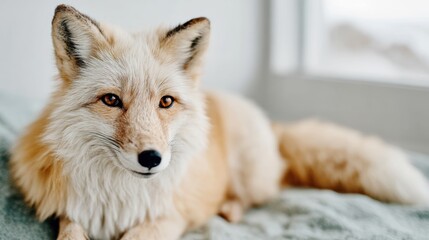 Obraz premium A stunning, fluffy fox lies comfortably and gently on a soft surface, displaying its striking features and inviting gaze, adding charm to the indoor ambiance.
