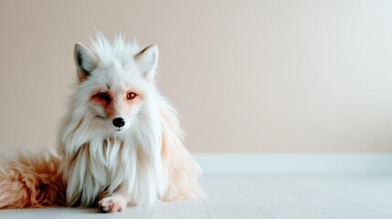 Obraz premium This endearing image features a fluffy white fox poised elegantly on a smooth floor, exuding a sense of calm, beauty, and curiosity that draws the viewer in.
