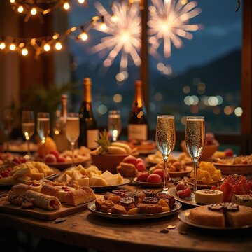 Festive table with food, champagne, sparkling fireworks outside at night. Celebration dinner with appetizers, cheese, fruits, wine bottles creates joyous holiday atmosphere. Twinkling lights add to