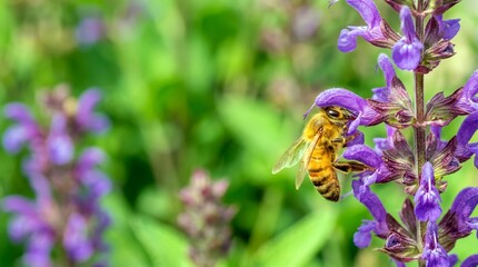 Macro of a honeybee collecting nectar from purple sage flowers. Pollination in a summer garden. Nature and ecology concept