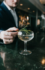 Man garnishes cocktail with herb in elegant glass. Bartender focuses on precise drink presentation. Dark bar setting with warm ambient lighting. Suitable for advertising, restaurant menus