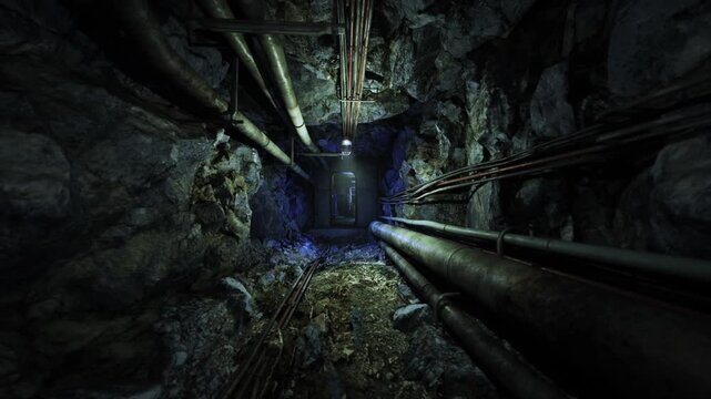 Metal door at tunnel end framed by large pipes and hanging lamp, damp straw and debris underfoot, rusted hinges and heavy industrial security vibe