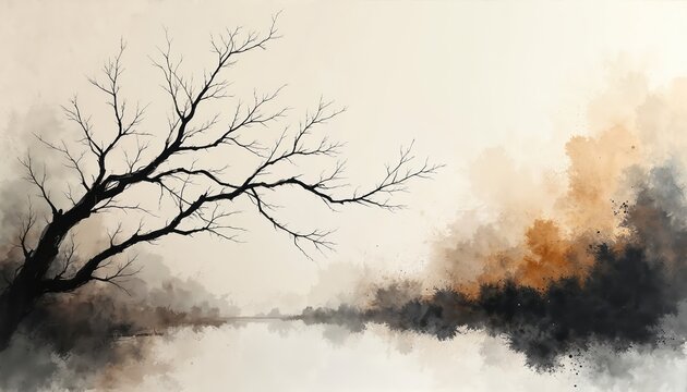 Bare tree branch against soft beige sky. Ink splashes create abstract misty forest landscape. Reflective water surface with muted color background. Moody, artistic, nature inspired.