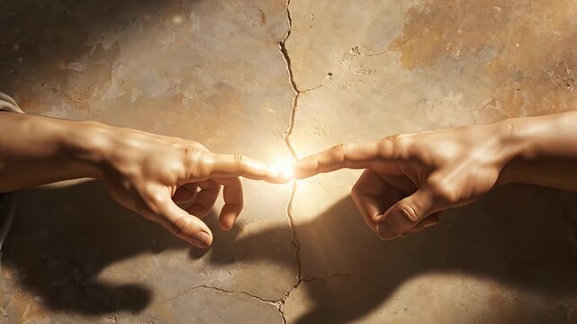 Two hands reaching fingers across cracked textured wall separation