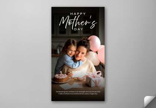 Editable Happy Mother&rsquo;s Day, Social Media Story Template with Mother and Daughter Hug, Gift Box and Infront of Cake at Home.