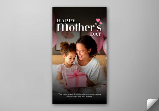 Editable Happy Mother&rsquo;s Day, Social Media Story Template with Little Girl Giving Gift Box her Mother Surprise.