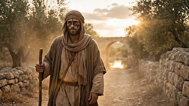 The blind man walks toward the Pool of Siloam with clay on his eyes