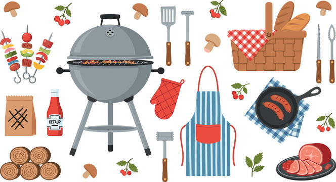 Barbecue grill vector set with BBQ tools, meat, apron, bread basket and outdoor cooking elements cartoon illustration
