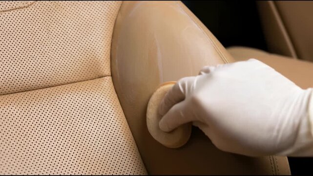 Hand in glove applying cream to leather car seat with sponge. Auto detailing process for luxury interior cleaning and maintenance service.