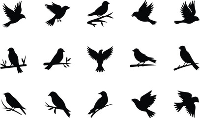 Obraz premium Variety of Black Solid Bird Vector Icons in Different Poses Including Flying and Perched for Nature and Wildlife Concepts