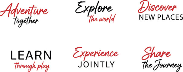 Travel and adventure typography set featuring inspirational quotes explore the world discover new places adventure together and share the journey for creative designs. © Khorshed