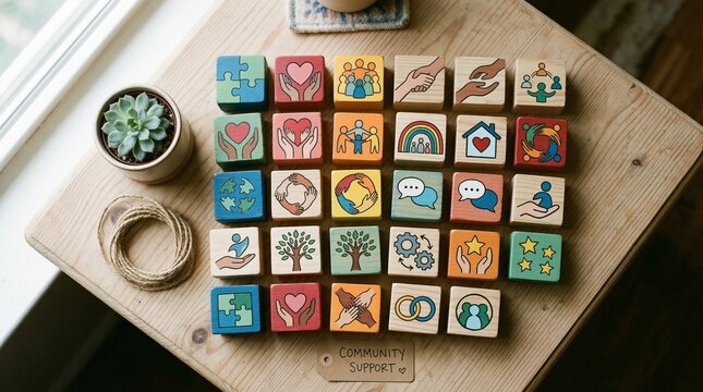 Colorful wooden blocks displaying symbols of community and support  
