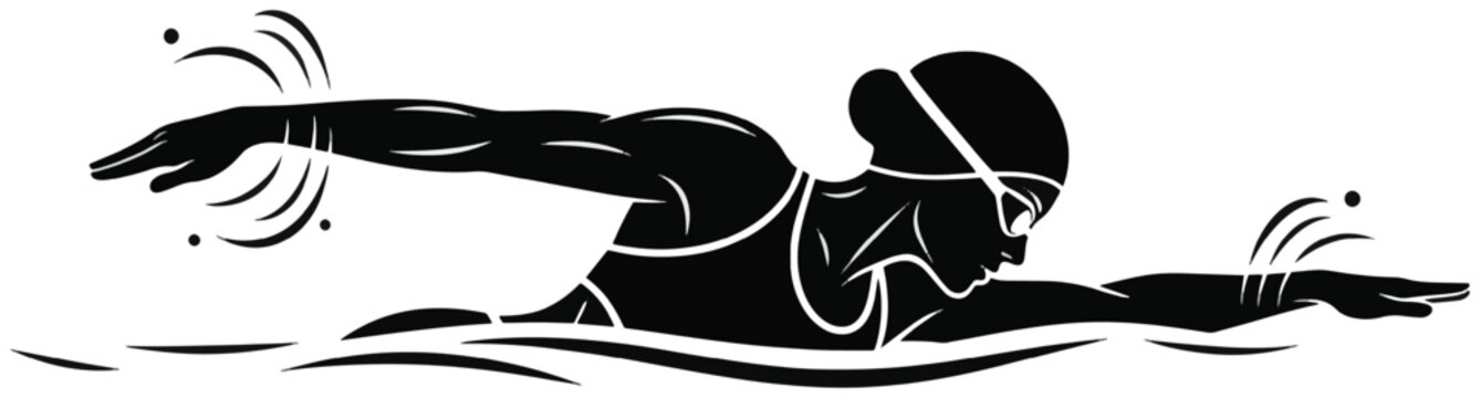 Female swimmer freestyle stroke illustration with goggles and swim cap showing athletic motion.