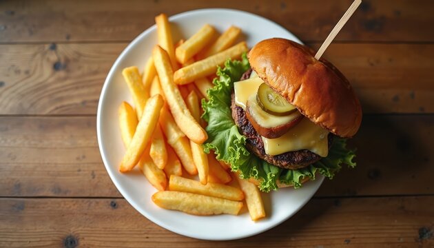 Juicy cheeseburger with lettuce pickles and melted cheese served with golden french fries on white plate. Delicious fast food meal on rustic wooden table.