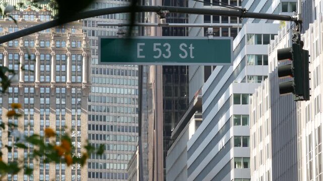 New York City Park Avenue, 53 street sign in Manhattan Midtown, United States. American urban road sign, traffic sign in NYC, USA. Building architecture near Grand Central. Central business district.