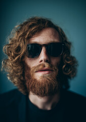 Obraz premium Masculine fashion and grooming: stylish man with red beard and sunglasses on blue background for modern lifestyle branding. This portrait of a trendy bearded man in eyewear conveys confidence