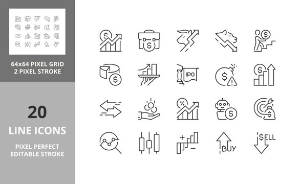 Line icons about stock markets. Contains such icons as high frequency trading, volatility, technical analysis and more. Editable vector stroke. 64 and 256 Pixel Perfect scalable to 128px...