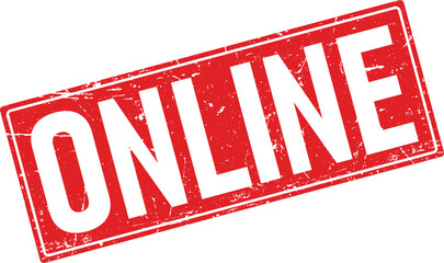 Red Distressed Rubber Stamp with the Word ONLINE on a White Background