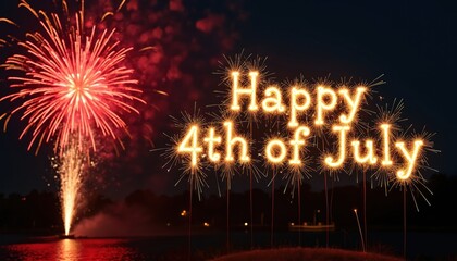 Obraz premium Night sky fills with red firework bursts and glowing sparkler text spelling Happy 4th of July. A celebratory scene over water with reflections lights up dark sky.