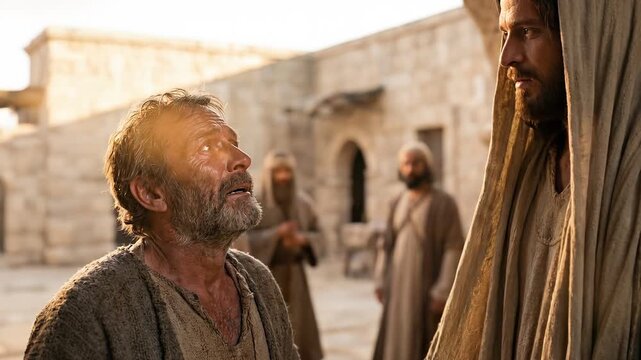 The healed man gazes at Jesus in awe with newfound sight
