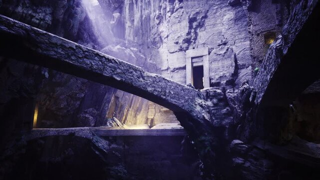 Sanctuary niche at cavern base with waterfall glow, warm inner light, reflective pool, carved doorway and contemplative atmosphere ideal for spiritual