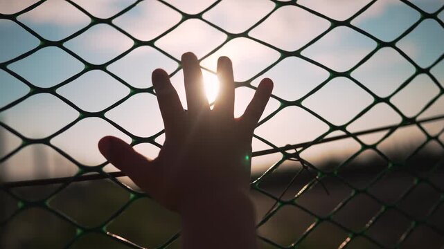 Hand gripping chainlink fence at sunset with fingers spread on wire mesh. Person grips fence barrier with hand. Silhouette shows hand at chainlink. Fingers grip wire fence at sunset view.