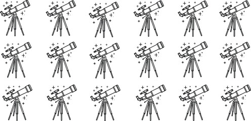 Repeated pattern of telescope line art illustrations on tripods with stars for astronomy education, science discovery, space observation, and night sky stargazing. © Khorshed