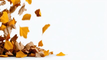 Obraz premium A dynamic shot of golden autumn leaves swirling through the air, capturing the essence of the fall season and the beauty of nature's cycle and change.