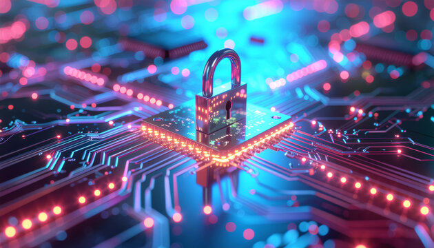 Futuristic Cybersecurity Concept with Digital Padlock on Glowing Circuit Board Network