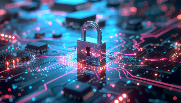 Futuristic Cybersecurity Concept with Digital Padlock on Glowing Circuit Board Network