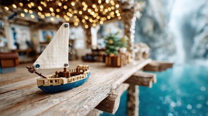 Fototapeta premium A meticulously crafted miniature Lego ship rests on a beautifully constructed wooden dock, paired with brilliant bokeh lights creating a whimsical and playful artistic impression.