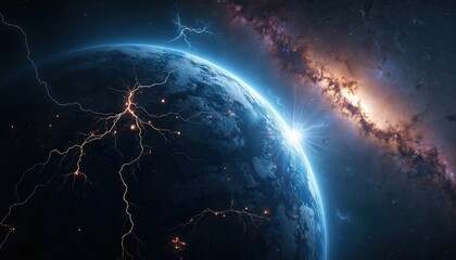 Fototapeta premium Planet Earth struck by massive lightning bolts from space. Galaxy visible in background. Celestial event with electrical energy discharge across globe. Cosmic power unfolding.