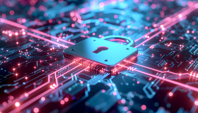 Futuristic Cybersecurity Concept with Digital Padlock on Glowing Circuit Board Network