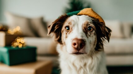 This adorable dog sports a festive hat, capturing the playful spirit of the holiday season, full of warmth and joy amid a cozy, decorated setting.