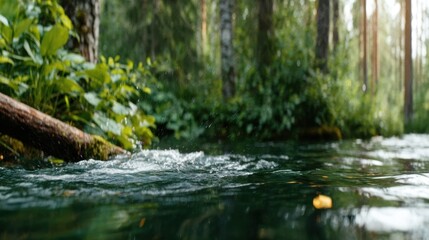 Fototapeta premium A tranquil scene featuring a sparkling stream flowing among vibrant green foliage, highlighting the beauty of nature and inviting a sense of peace and connection to the environment.