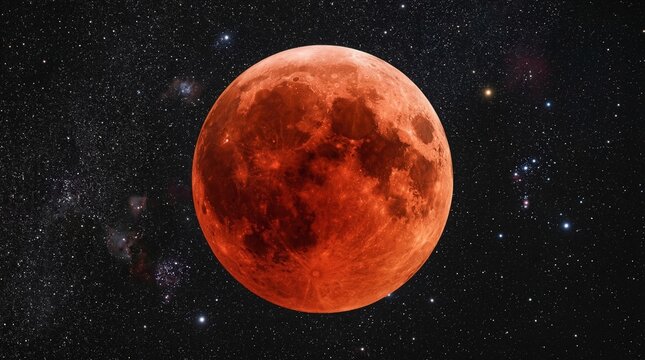 Blood Moon glowing in the night sky during total lunar eclipse  