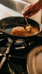 Close-up of hands cooking chicken with sauce in frying pan