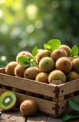 Naklejka premium Wooden crate full of ripe fuzzy kiwi berries ready for harvest. Juicy kiwi fruit closeup shows green flesh and black seeds. Fresh produce in natural light outdoors.