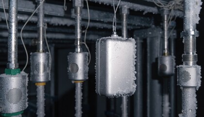 Closeup on passive climate control sensors with a digital thermostat sharply focused highlighting sustainable temperature regulation in archival storage.