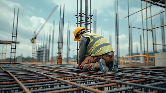 A dedicated construction worker in protective gear carefully inspects and prepares the intricate rebar grid at an active building site under a cloudy sky, ensuring structural integrity and safety.