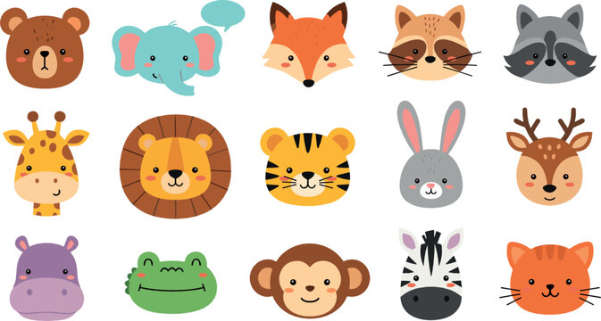 Cute animal faces vector set with bear, elephant, fox, raccoon, giraffe, lion, tiger, rabbit, deer and jungle cartoon characters