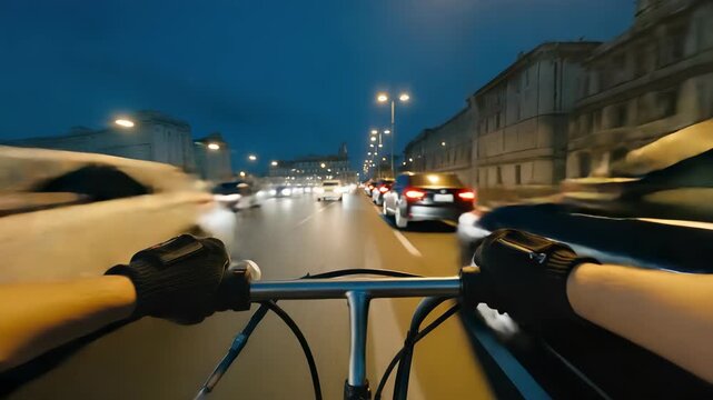 Courier hands gripping bicycle handlebars while weaving through traffic with city lights stretching ahead in motion blur during fast night delivery ride
