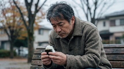 Fototapeta premium 公園のベンチで一人寂しくおにぎりを見つめる、失業した日本人中年男性