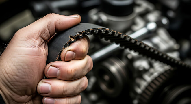 Mechanic's hand holding a worn timing belt in a car engine